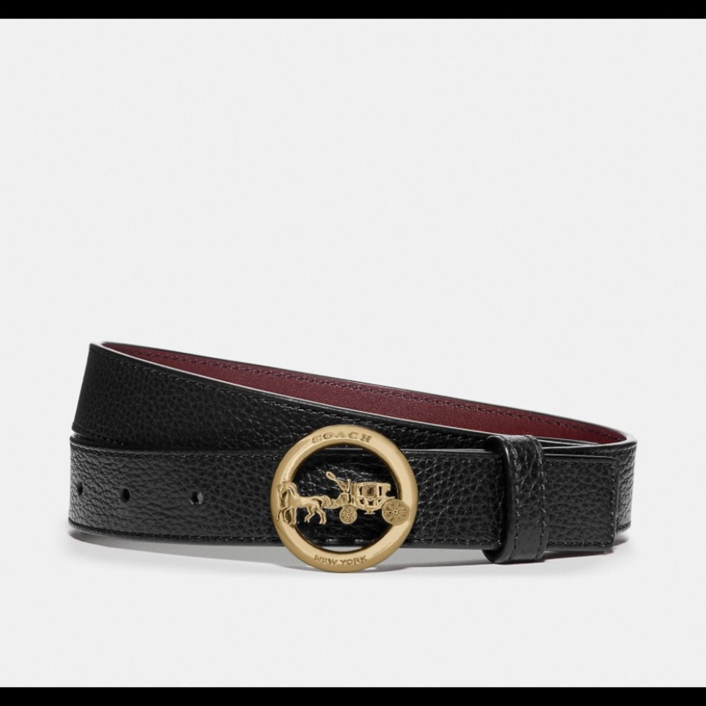 Coach horse and carriage buckle belt black wine refined calf leather extra large
